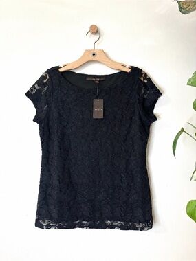 Fever Black Floral Lace Top NWT Women’s Medium Sheer Sleeve Blouse
